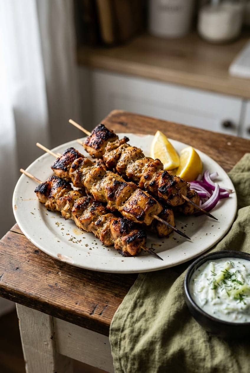 Charred Air-Fryer Chicken Souvlaki with Tzatziki