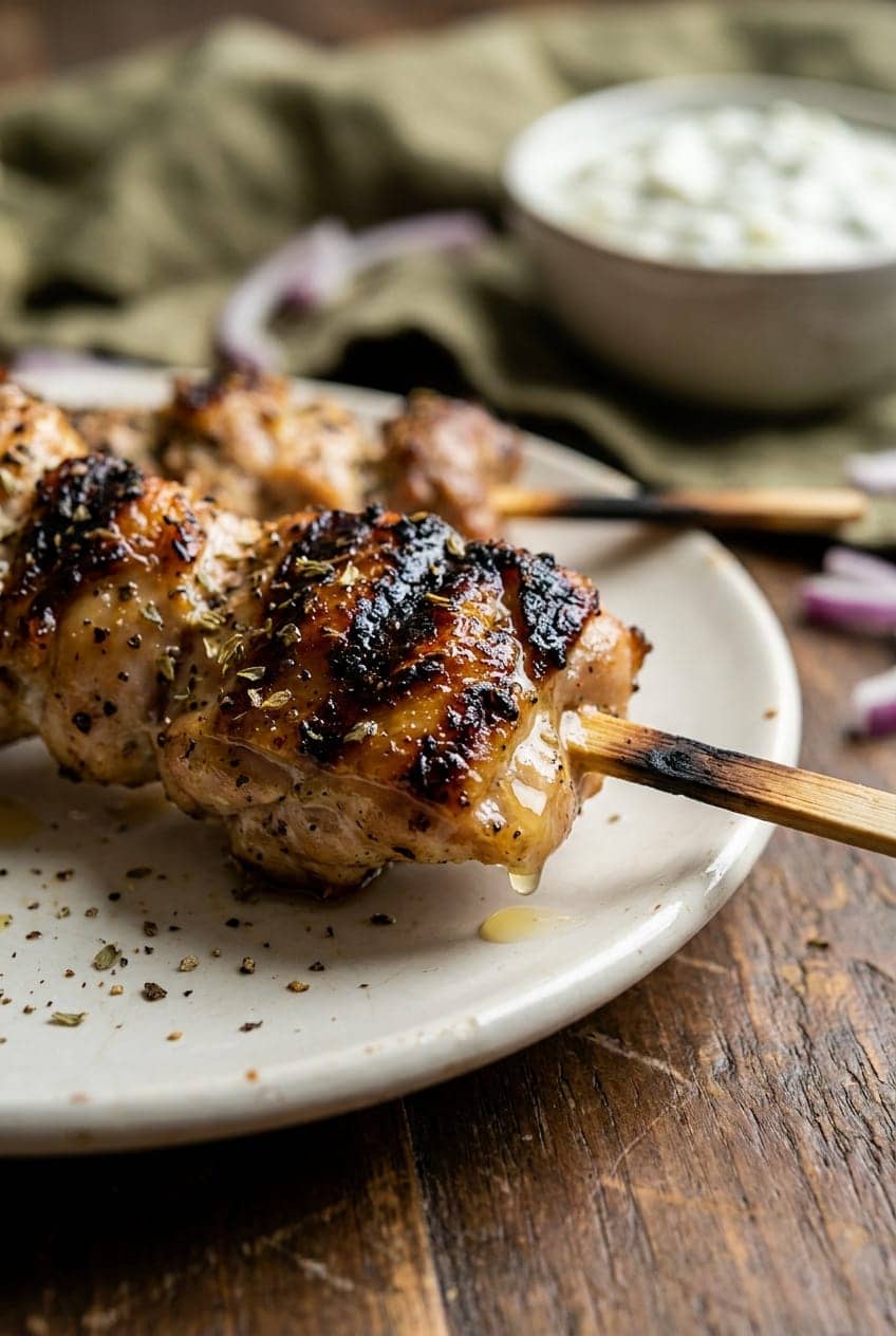 Charred Air-Fryer Chicken Souvlaki with Tzatziki