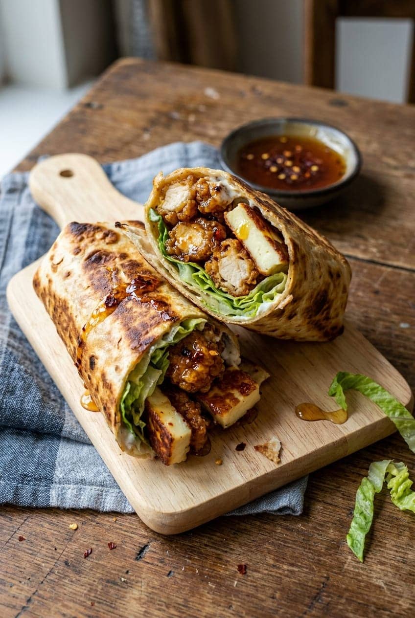 Crispy Air-Fryer Hot Honey Chicken and Halloumi Wraps