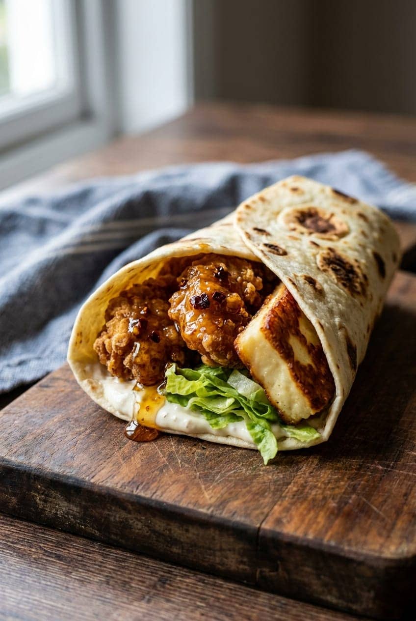 Crispy Air-Fryer Hot Honey Chicken and Halloumi Wraps
